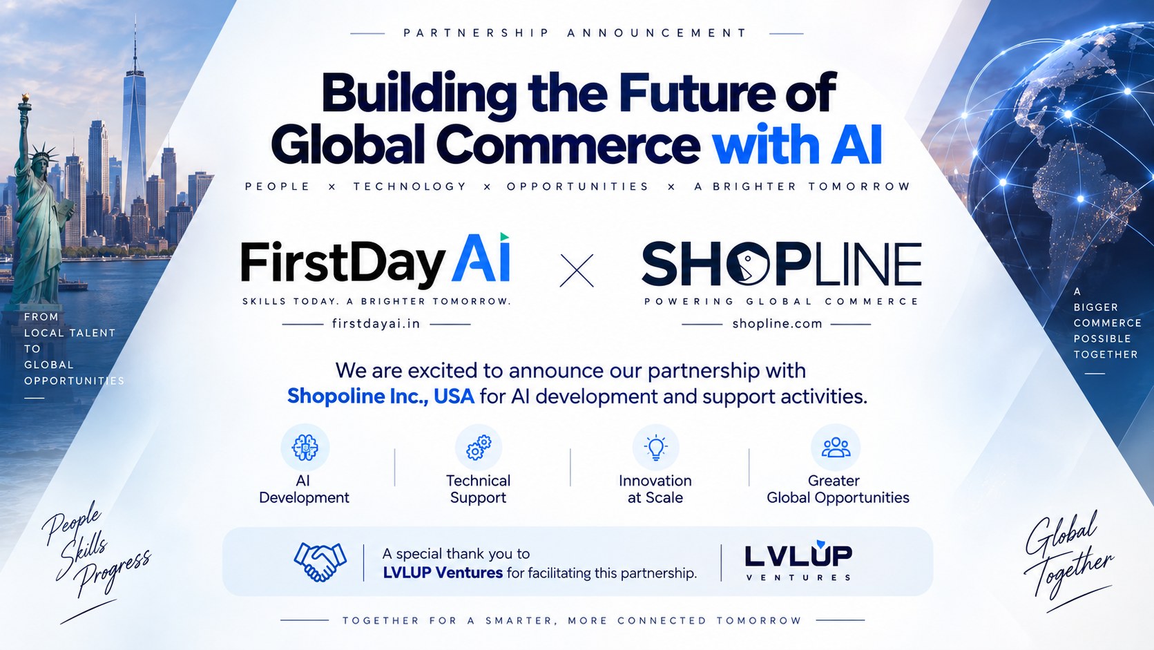 The partnership announcement card: First Day AI × Shopline Inc., USA — building the future of global commerce with AI. The card lists the four focus areas (AI development, technical support, innovation at scale, and greater global opportunities) and thanks LvlUp Ventures for facilitating the partnership.